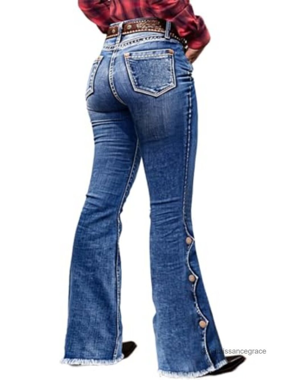 Women's Bootcut Jeans Mid Rise Buttoned Hem Stretch Denim Pockets
